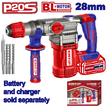 Ciocan rotopercutor fara acumulator si incarcator, 28mm, 4 accesorii - ELRH20288, EMTOP