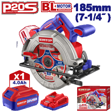 Fierastrau circular cu 1 acumulator 4.0AH, motor fara perii (brushless), 185mm - ELCS18511, EMTOP