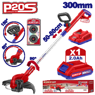 Motocoasa electrica Trimmer cu 1 acumulator 2.0AH, maner reglabil, 2.0AH, 300mm - ELGT203285, EMTOP