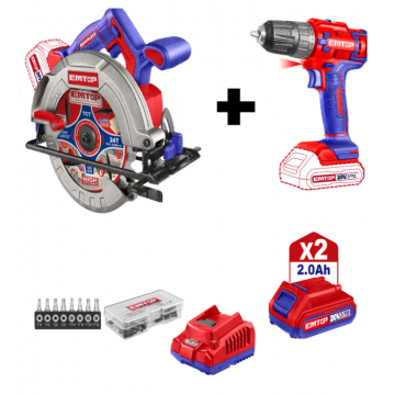 Pachet promo Fierastrau circular, unghi taiere reglabil, 185mm + Masina de gaurit si insurubat + 2 acumulatori 2.0AH + incarcator
