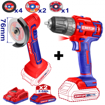 Pachet promo Mini polizor unghiular, 76mm, 7 discuri incluse + Masina de gaurit si insurubat + 2 acumulatori 2.0AH