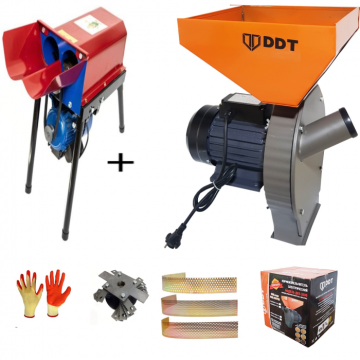 Pachet promo Moara cereale, uruiala si stiuleti, 3.5 Kw + Batoza de curatat porumb dubla cu motor inclus, DDT, 1800 W, 500 kg h