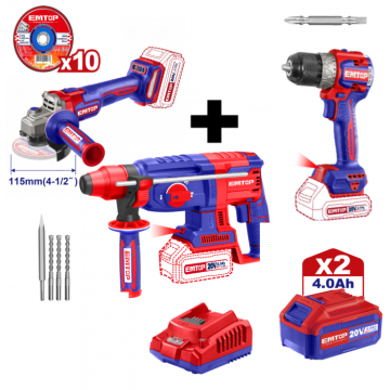 Pachet promo Polizor unghiular, motor fara perii (brushless), 115mm, 10 discuri incluse + Ciocan rotopercutor + Masina de gaurit si insurubat + 2 acumulatori 4.0Ah