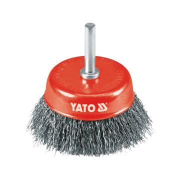 Perie cupa 75 mm, sârma ondulata din otel inoxidabil, cu ax