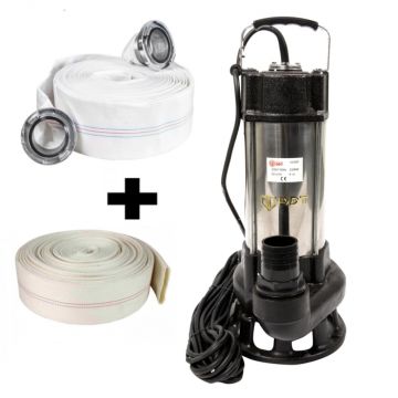 Pompa submersibila cu dublu tocator pentru apa murdara, DDT, V1500T, 1500 W, Inox + Furtun pompier, 20 metri, 2 toli + Furtunul de pompier 2   20 m, 8 bari, cu cuple