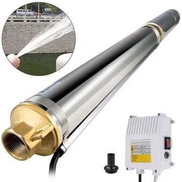 Pompa submersibila multietajata de mare adancime DDT, 4SDM10 12, 1500 W, apa curata, carcasa inox-fonta, debit maxim 8000 L h, inaltime maxima 120m, diametru pompa 100 mm, panou comanda, 15m cablu 4 f
