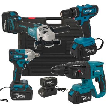 Trusa 4 piese cu 3 ACUMULATORI, autofiletanta, rotopercutor, polizor unghiular, bormasina impact, 24V, 4Ah
