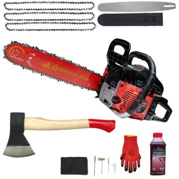 8.5CP *PACHET* Drujba benzina + 3 lanturi + 1 lama + TOPOR 600G, x1 ulei ameste 0.5l + accesorii + manusi protectie, MOTOYAMA JAPAN