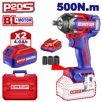 Bormasina de impact si insurubat cu 2 acumulatori 4.0Ah, motor fara perii (brushless), 500 Nm, 1 2  , 3 capete 21, 22, 24mm - ECiWL2050, EMTOP