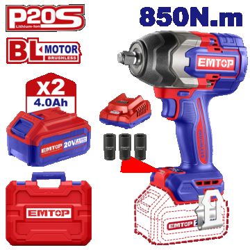 Bormasina de impact si insurubat cu 2 acumulatori 4.0AH, motor fara perii (brushless), 850Nm, cutie de transport - ECiWL2085, EMTOP