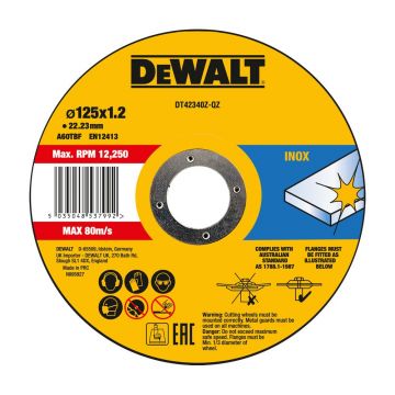 Disc abraziv DeWalt DT42340Z, pentru debitat inox, 125 x 1.2 mm Disc abraziv DeWalt DT42340Z, pentru debitat inox, 125 x 1.2 mm