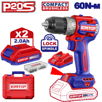 Masina de gaurit  si insurubat cu 2 acumulatori 2.0AH, motor fara perii (brushless), 60Nm, 1 2  , 47 accesorii, cutie transport - ECDL20602, EMTOP