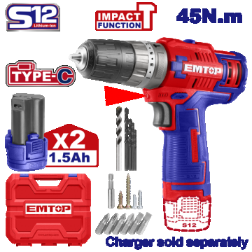 Masina de gaurit si insurubat cu impact, cu 2 baterii 1.5Ah, incarcare prin cablu tip C, 45Nm, 50 accesorii, cutie de transport, fara incarcator - ECiDL12620, EMTOP