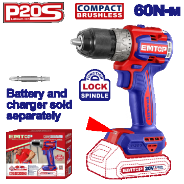 Masina de gaurit si insurubat fara incarcator si acumulator, motor fara perii (brushless), 60Nm, 1 2   - ECDL206021, EMTOP