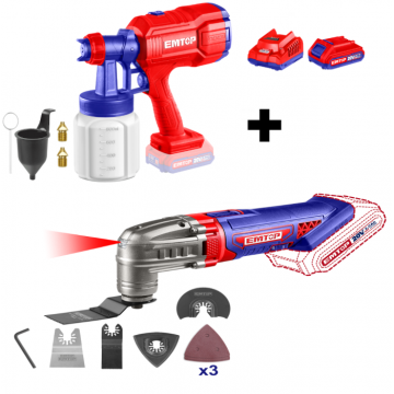 Pachet promo Instrument multifunctional, 6 viteze, 8 accesorii + Pistol de vopsit cu 800ml + 2 Acumulatori cu incarcator
