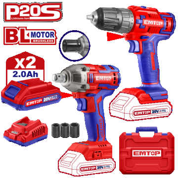 Set 2 buc. bormasina  de insurubat si impact cu 2 acumulatori 2.0AH, 3 accesorii, cutie de transport - ECKL20072, EMTOP