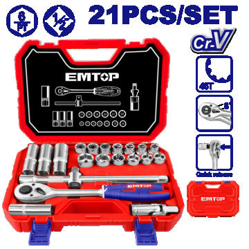 Set tubulare cu clichet  1 2  , 21 componente, cutie de transport - ESKT12211, EMTOP