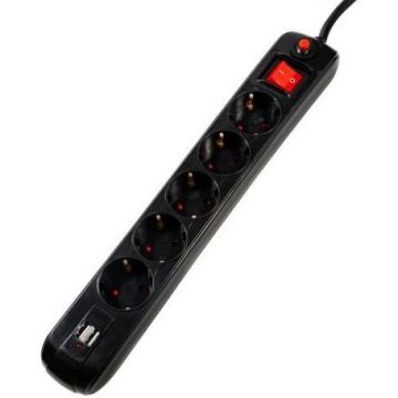 Prelungitor Schuko x 5 Conectare prin Schuko (T) 2xUSB Cablu 1.8M 16A Max. 3500W Protectie Supratensiune Negru Prelungitor Schuko x 5 Conectare prin Schuko (T) 2xUSB Cablu 1.8M 16A Max. 3500W Protectie Supratensiune Negru