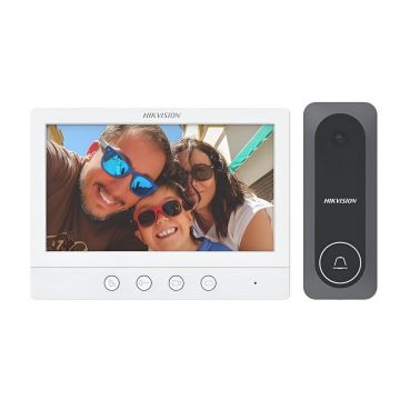 Kit videointerfon analogic Hikvision DS-KIS212, 4 fire, FULL HD 2MP, IR 3m, ecran 7 inch TFT, montaj aparent, plug and play