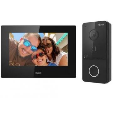 Kit videointerfon Hikvision HiLook VI-K43P, 2MP, ecran 7 inch, Wi-Fi 2.4GHz, PoE, IR 3m, slot card, montare aparenta, IP65