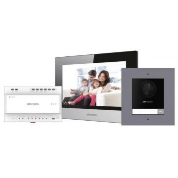 Kit Videointerfon IP Hikvision, 2 Fire, Pentru 1 familie, Vizualizare si raspuns de pe mobil, Wi-Fi DS-KIS702Y