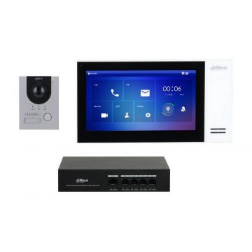 Kit videointerfon IP si switch PoE, 2 MP, 7 inch, IR, PoE, montaj aparent, MicroSD, Dahua, KTP01-S2(S)