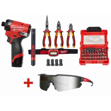 PROMO: Kit masina de insurubat cu impact HEX M12 FUEL Milwaukee, set lanterne, set clesti, set 32 biti, ochelari protectie cadou, 4933479877-PROMO