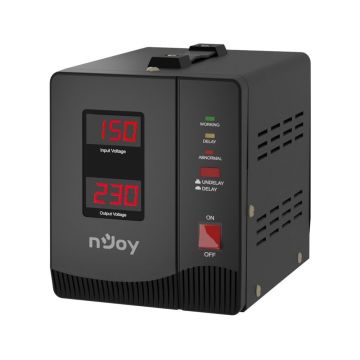 Stabilizator de tensiune nJoy Alvis 2000, 2000V / 1200W, eficienta 95%, 2 prize schuko, ecran digital, AVRL-20002AL-CS01B