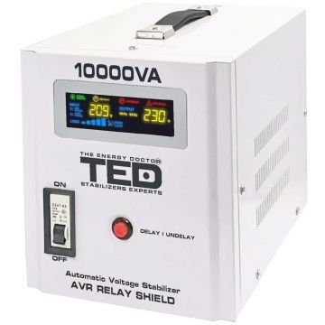 Stabilizator tensiune 10KVA 6000W 230V, TED Electric TED000071, 2 prize Schuko, monofazat, unda sinusoidala pura, ecran LCD Stabilizator tensiune 10KVA 6000W 230V, TED Electric TED000071, 2 prize Schuko, monofazat, unda sinusoidala pura, ecran LCD