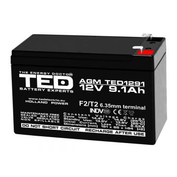 Baterie 12V, 9.1Ah, TED TED003263, plumb acid, terminale F2/T2, 151x 65x 99mm Baterie 12V, 9.1Ah, TED TED003263, plumb acid, terminale F2/T2, 151x 65x 99mm