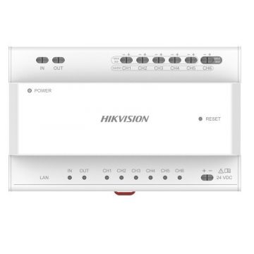 Distribuitor cu 2 fire, 6 porturi, 8 indicatori de interfata, 1x RJ45, montare sina DIN, 24V, Hikvision DS-KAD706Y