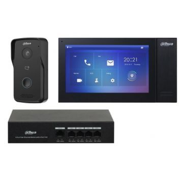 Kit videinterfon TCP/IP cu control acces, Dahua KTP02, camera WDR, audio bidirectional, IP 65, ecran 7 inch, slot micro SD, PoE, switch 5 porturi