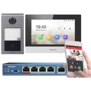 Kit videointerfon IP Hikvision, o familie, 2MP, PoE, montaj aparent, Monitor 7 inch, Touchscreen, card microSD, DS-KIS604-S-(C)