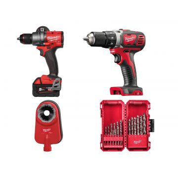 Pachet promotional Milwaukee Big Red, masina gaurit cu percutie, masina gaurit compacta, set 19 burghie, dispozitiv colectare praf, 4933479860-BIGRED