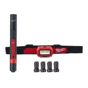 Set lanterne Milwaukee HL2IPL-LED, lanterna tip stilou + lanterna frontala slim, alimentare AAA, tehnologie TrueView, 4933492103