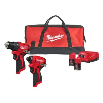 Set scule cu motor fara perii Milwaukee M12 BLPP2D-202B, masina de gaurit, masina de insurubat, 2x acumulatori, incarcator, 4933500139
