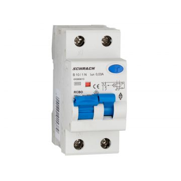 Siguranta automata Schrack AMPARO AK668610, B 10A, 230/ 400V AC, 6kA, 1P+N, 30mA tip A, IEC/ EN 61009-1, IP20, montare pe sina DIN
