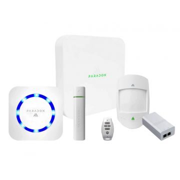 Sistem alarma wireless de interior Paradox KIT M1, 100 zone, 868MHz, centrala hibrida, detector PIR, contact magnetic, sonerie, injector, telecomanda