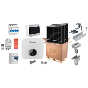 Sistem fotovoltaic complet, invertor On-Grid trifazat 5kW, 11 panouri fotovoltaice, Smart meter, accesorii de prindere, Growatt KIT-MOD5000-TL3-X(AFCI)