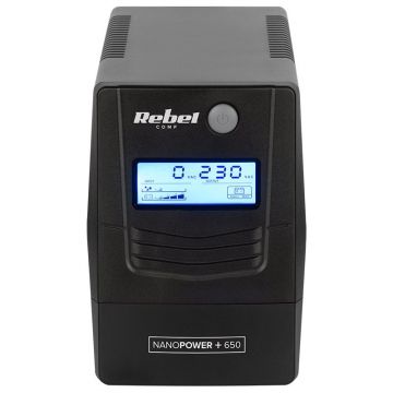 UPS NANOPOWER 650VA, 360W, 2 prize, Ecran LCD, Porturi USB si RJ45, Rebel RB-4023