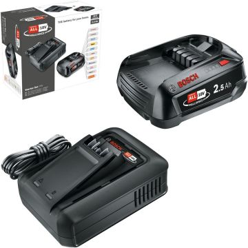 Bosch DIY & Garden Cordless Starter Set 18V 1x 2.5Ah + Quick Charger AL 18V-44 black, Li-ion battery 2.5Ah, POWER FOR ALL ALLIANCE