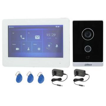 Kit videointerfon IP cu post extern wireless, HD acces card Mifare, monitor 7 inci cablat, Dahua KITMM72AA