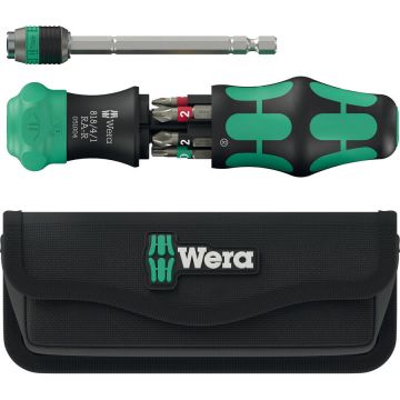 Kraftform Kompakt 20 RA-R with pouch, bit set black/green, 6-piece, 1/4, with ratchet function and Rapidaptor quick-change chuck