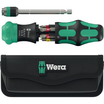 Kraftform Kompakt 25 RA-R with pouch, bit set black/green, 6-piece, 1/4, with ratchet function and Rapidaptor quick-change chuck