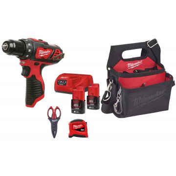 Pachet instalator Milwaukee, cu set de acumulatori si incarcator, masina de gaurit, geanta, foarfeca si ruleta, 4933459209-p1