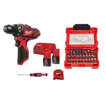 Pachet instalator Milwaukee, set acumulatori si incarcator, masina de gaurit, set 32 biti, surubelnita, ruleta, 4933459209-p2