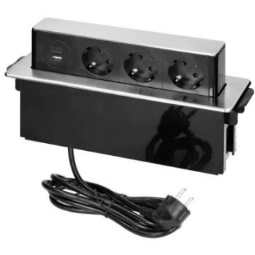 Priza pentru Mobilier OR-GM-9014(GS)/B-G Incastrabila Panou Culisant 3xSchuko 2 x USB Quick Charge 3.0 3680W Lungime Cablu 2M Negru/Gri