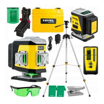 Set nivela laser cu linii 3 x 360° Nivel System CL3G SET SJJM1EX RD800, fascicul verde, 30/70m, acumulator 3,7 V, geanta transport, trepied 1,82 m, senzor RD800