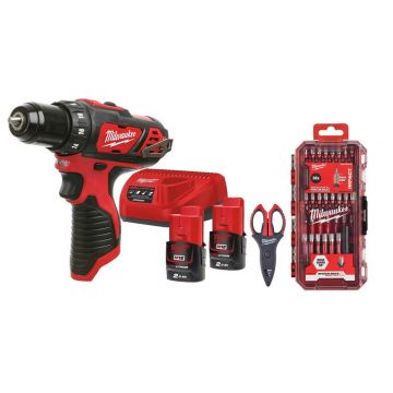 Pachet instalator Milwaukee, cu set acumulatori si incarcator, masina de gaurit, set 38 biti, foarfeca, 4933459209-P3