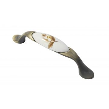 Maner Ceramica Model W0520/701A, 96 mm, Finisaj Antic Auriu/Floare Crem